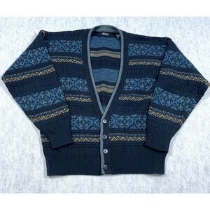 Vintage Cardigan Sweater Men Large Blue Grandpa Cosby Geometric Acrylic 90s Golf